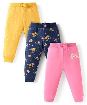 Babyhug Single Jersey Knit Full Length Lounge Pants with Bow Applique Polka Dots & Floral Print Pack of 3 - Yellow Navy Blue & Pink