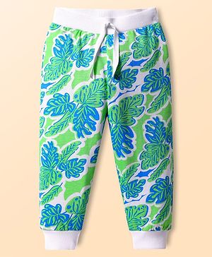 Babyhug Single Jersey Knit Full Length Lounge Pant With Leaf Print - Green & Blue
