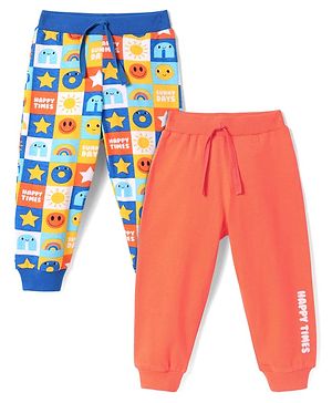 Babyhug Single Jersey Knit Full Length Printed Lounge Pants Pack of 2 - Peach & Blue