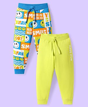 Babyhug Single Jersey Knit Full Length Lounge Pants with Smiley Print Pack of 2 - Yellow & Blue