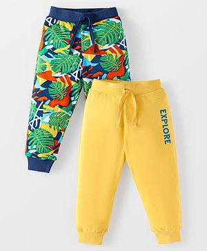 Babyhug Single Jersey Knit Full Length Lounge Pants with Tropical & Text Print Pack of 2 - Yellow & Navy