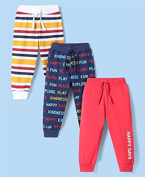 Babyhug Single Jersey Knit Full Length Lounge Pants With Stripes & Text Print Pack of 3 - Navy Blue Pink & White