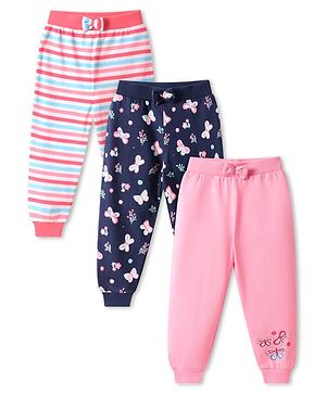 Babyhug Single Jersey Knit Full Length Lounge Pants With Floral & Butterfly Print Pack of 3 - Pink & Navy Blue