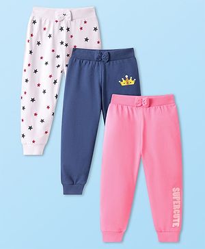 Babyhug Single Jersey Knit Full Length Stars & Text Printed Lounge Pants with Bow Applique Pack of 3 - White Navy Blue & Pink