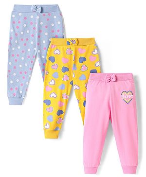 Babyhug Single Jersey Knit Full Length Hearts & Polka Dots Printed Lounge Pants with Bow Applique Pack of 3 - Yellow Light Blue & Pink