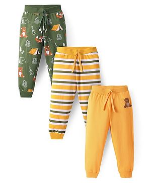 Babyhug Single Jersey Knit Full Length Lounge Pants with Stripes Animal & Text Print Pack Of 3 - Yellow & Olive Green