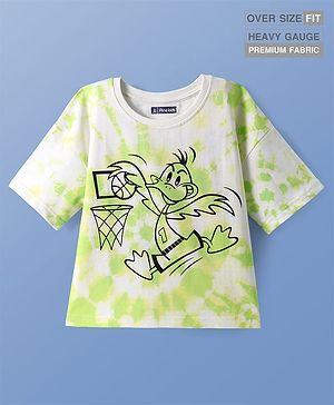 Pine Kids Cotton Knit Half Drop Shoulder Sleeves Over Size Fit T-Shirt with Duck & Basket Ball Print - White