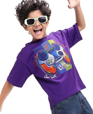 Pine Kids Cotton Knit Half Sleeves Oversized Fit T-Shirt with Gaming Console Print - Violet