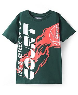 Pine Kids Cotton Knit Half Sleeves T-Shirt With Text Print - Dark Green
