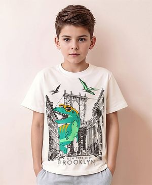Pine Kids Cotton Knit Half Sleeves T-Shirt With Dino Print - White