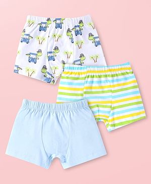 Babyhug 100% Cotton Knit Trunks with Striped & Turtle Print Pack of 3 - Light Blue & White