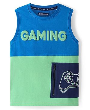 Pine Kids Cotton Knit Sleeveless Cut & Sew Tank T-Shirt with Gaming Text Print - Green & Blue