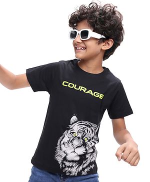 Pine Kids Cotton Knit Half Sleeves T-Shirt With Tiger & Courage Text Print - Black