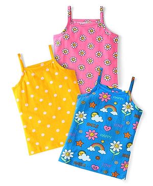 Babyhug 100% Cotton Knit Singlet Sleeves Slips with Polka Dots & Floral Print Pack of 3 - Yellow Pink & Blue