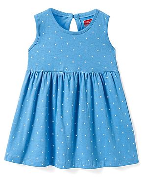 Babyhug Single Jersey Knit Sleeveless Frock with Polka Dots Print - Sky Blue