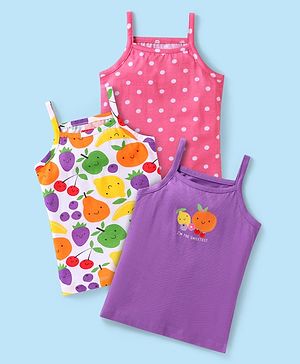 Babyhug 100% Cotton Knit Singlet Sleeves Polka Dots & Fruit Printed Slips Pack of 3 - Purple White & Pink