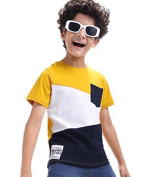 Pine Kids Cotton Knit Half Sleeves Cut & Sew T-Shirt - Yellow & Navy Blue & White