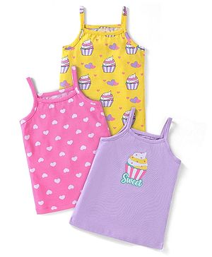 Babyhug 100% Cotton Knit Singlet Sleeves Hearts & Ice Cream Printed Slips Pack of 3 - Purple Yellow & Pink