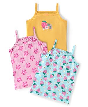 Babyhug 100% Cotton Knit Singlet Sleeves Floral & Strawberry Printed Slips Pack of 3 - Blue Yellow & Pink