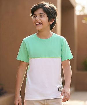 Pine Kids Cotton Knit Half Sleeves Cut & Sew T-Shirt with Patch Detailing - Light Green & White