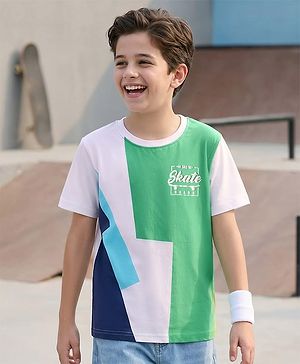 Pine Kids Cotton Knit Half Sleeves Colo Block T-Shirt with Text Print - Green & White