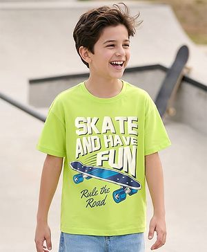 Pine Kids Cotton Knit Half Sleeves T-Shirt with Text Print - Limegreen