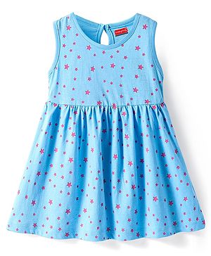 Babyhug Single Jersey Knit Sleeveless Frock With Star Print - Light Blue