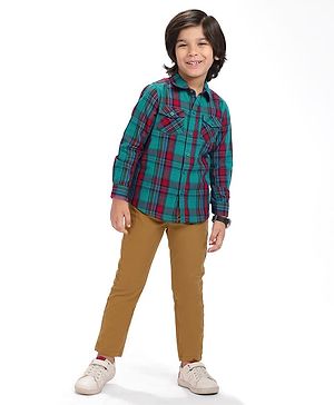 Babyhug Cotton Woven Full Sleeves Checks Shirt & Trouser Set - Teal Blue & Khaki