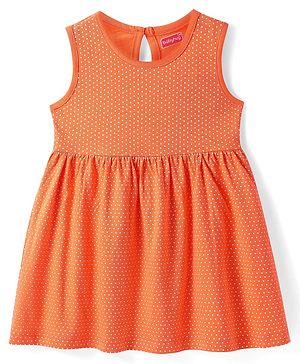 Babyhug Single Jersey Knit Sleeveless Polka Dots Printed Frock - Orange