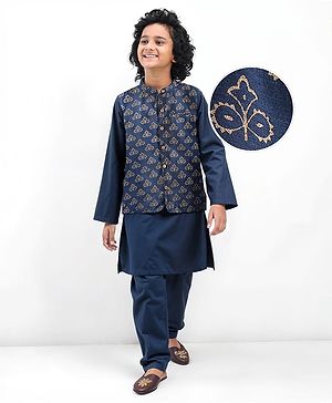 Pine Kids Woven Full Sleeves Kurta Pajama Set With Floral Foil Printed Jacket - Navy Blue