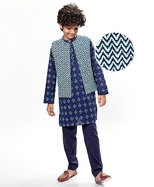 Pine Kids Cotton Woven Full Sleeves Kurta Pyjama Set with Chevron Print Jacket - Blue