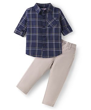 Babyhug Cotton Woven Full Sleeves Checkered Shirt & Solid Trouser Set - Navy Blue & Beige