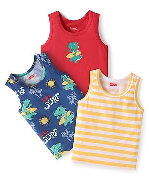 Babyhug 100% Cotton Sleeveless Sandos Striped & Dino Print Pack of 3 - Red Navy Blue Yellow