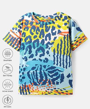 Pine Active Half Sleeves High Stretch T-Shirt Abstract Print - Blue & Yellow