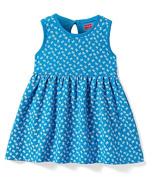 Babyhug Single Jersey Knit Sleeveless Frock with Bow Print - Blue