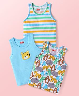 Babyhug Single Jersey Knit Sleeveless Sando Vests with Animal Print & Stripes Pack of 3 - Light Blue & White