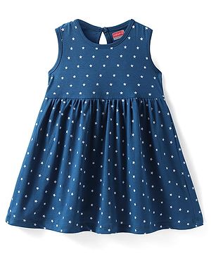 Babyhug Single Jersey Knit Sleeveless Frock with Star Print - Navy Blue