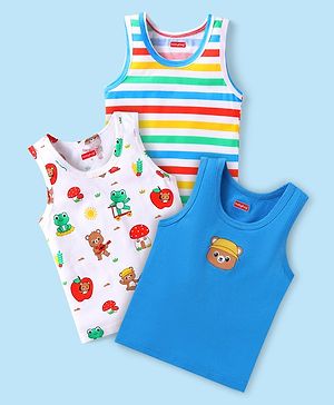 Babyhug 100% Cotton Knit Sleeveless Striped Sando with Bear Print Pack of 3- Blue & White