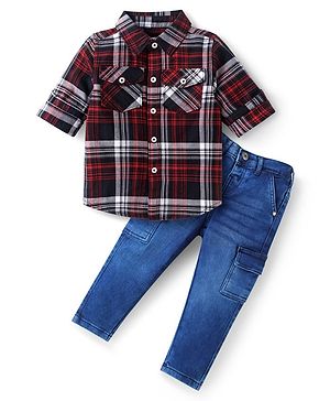 Babyhug Cotton Woven Full Sleeves Checks Shirt & Denim Jeans Set - Red & Blue