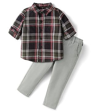 Babyhug Cotton Woven Full Sleeves Checkered Shirt & Solid Denim Jeans Set - Maroon & Olive