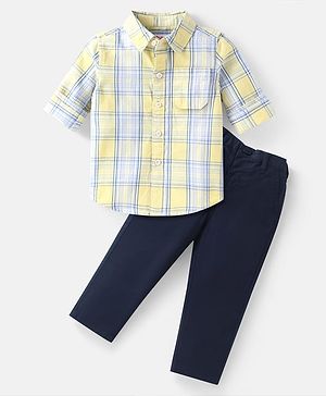 Babyhug Cotton Woven Full Sleeves Checks Shirt & Trouser Set - Yellow & Navy Blue