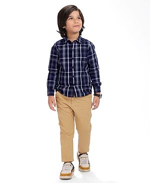 Babyhug Cotton Woven Full Sleeves Checks Shirt & Trouser Set - Navy Blue & Khaki