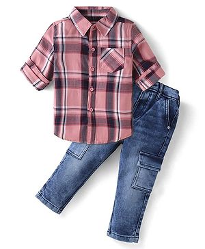 Babyhug Cotton Full Sleeves Checks Shirts & Jeans Set with Pockets - Pink Navy Blue