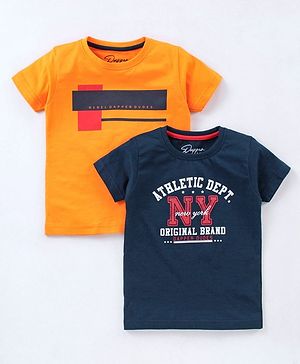 Dapper Dudes Pack Of 2 Half Sleeves Typography Printed Tees - Navy Blue & Mango