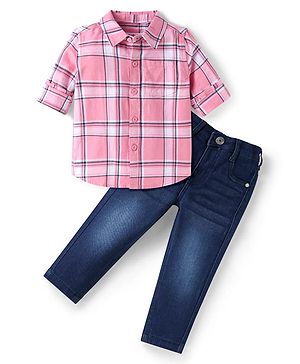 Babyhug Cotton Woven Full Sleeves Checkered Shirt & Solid Denim Jeans - Pink & Blue