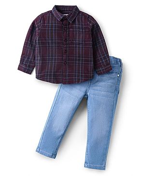 Babyhug Cotton Woven Full Sleeves Checkered Shirt & Solid Denim Jeans Set - Maroon & Light Blue