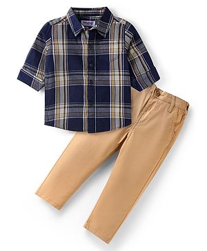 Babyhug Cotton Woven Full Sleeves Checkered Shirt & Solid Denim Jeans Set - Navy Blue & Khaki