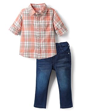Babyhug Cotton Woven Full Sleeves Checks Shirt & Denim Jeans Set - Peach & Blue
