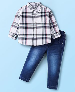 Babyhug Cotton Woven Full Sleeves Checkered Shirt & Solid Denim Jeans Set - White & Blue