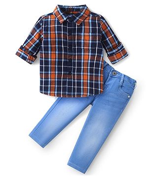 Babyhug Cotton Woven Full Sleeves Checks Shirt & Denim Jeans Set - Navy Blue